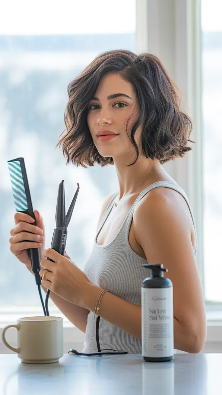 Woman with a chin-length wavy lob styled with loose beachy texture