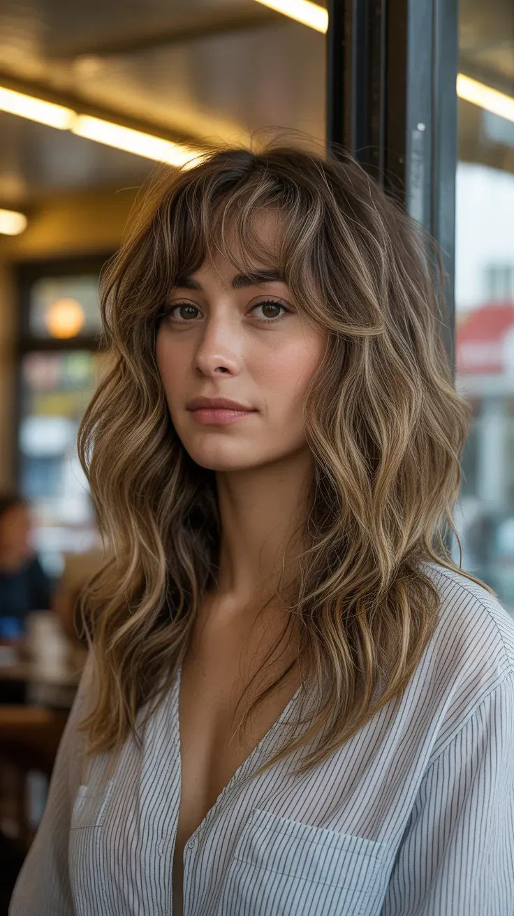Woman with a wavy long bob and soft bangs styled with natural texture