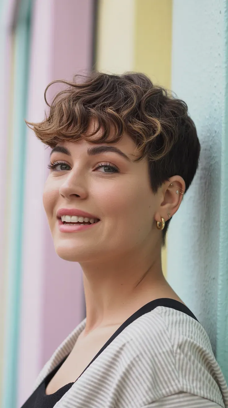 Woman with a short wavy pixie cut showing natural texture at the crown