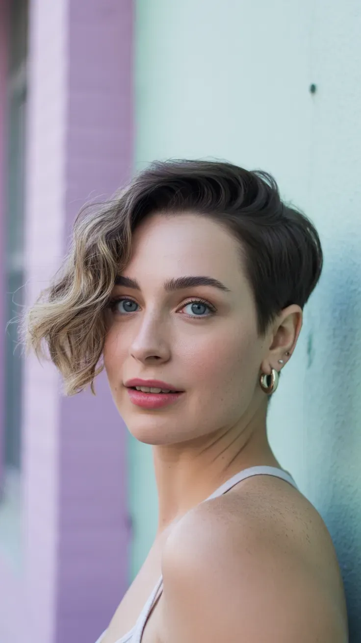 Woman with a wavy pixie cut and soft side-swept fringe