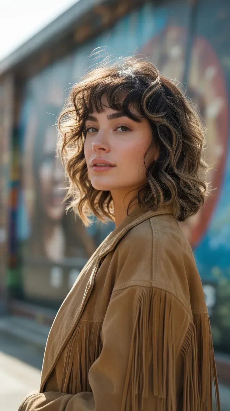 Woman with a wavy shag haircut and soft curtain bangs framing the face