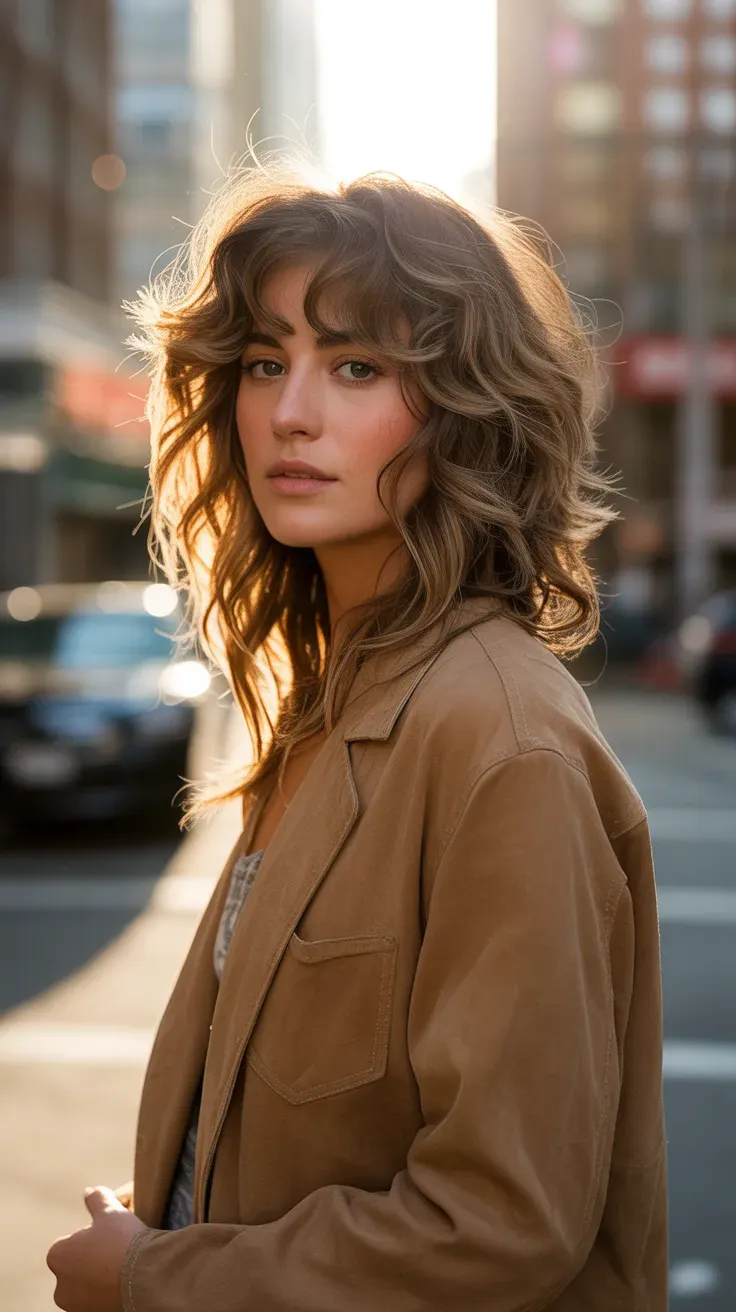 Woman with a long wavy shag haircut featuring layers throughout the length