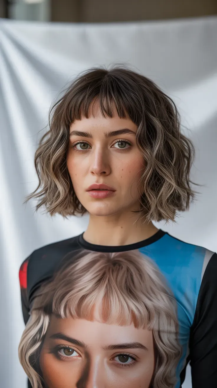 Woman with a wavy shag haircut and short micro bangs above the eyebrows