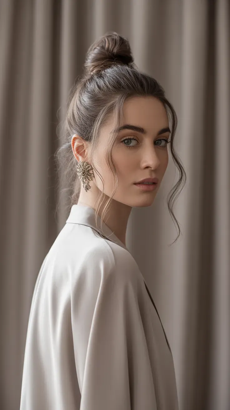 Woman with a soft wavy top knot styled loosely at the crown
