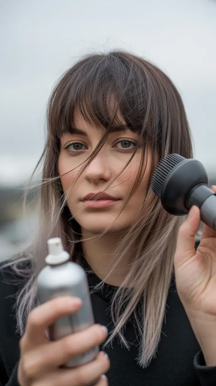 Woman with thin fine hair styled with soft, wispy curtain bangs