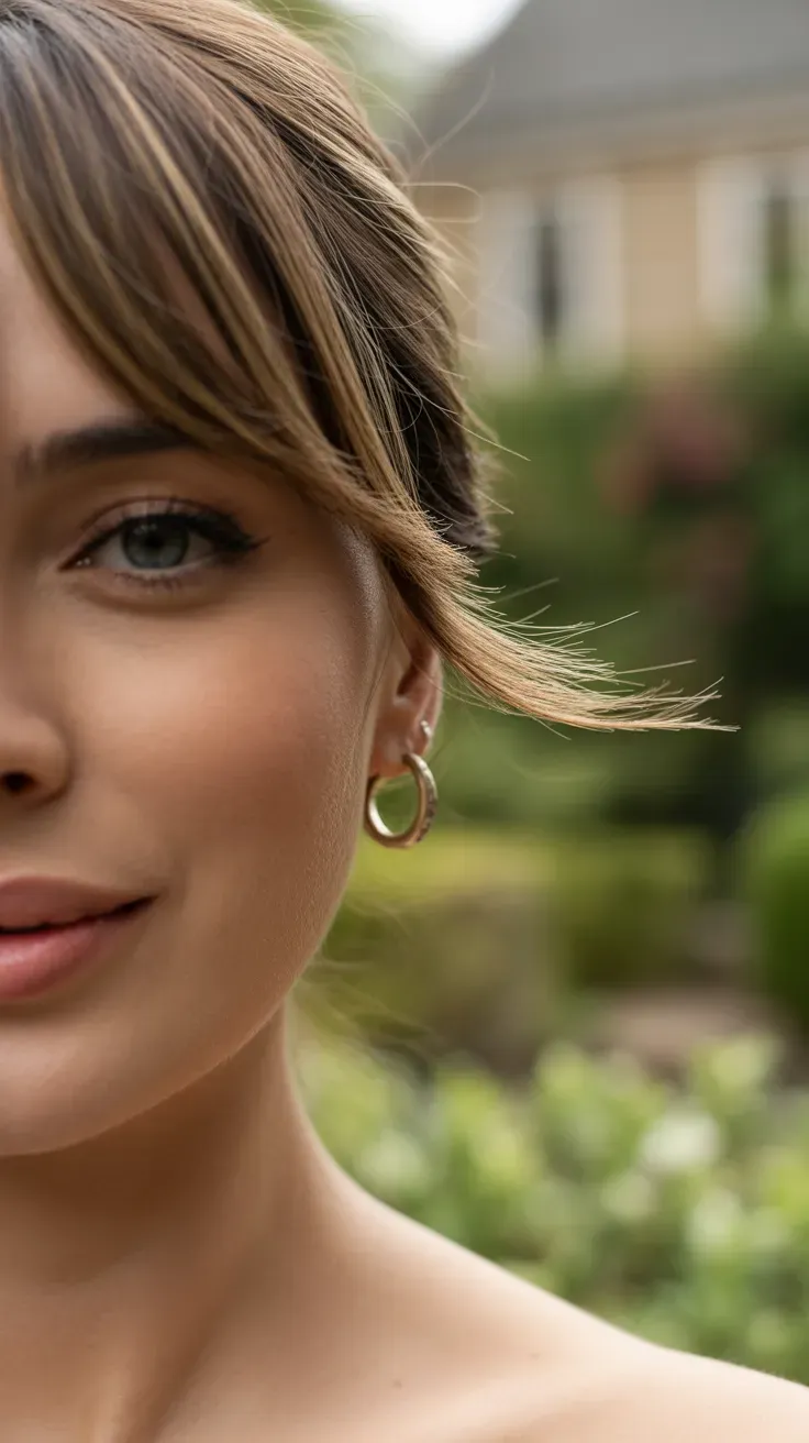 Close-up of woman with wispy side-swept fringe softly framing her forehead