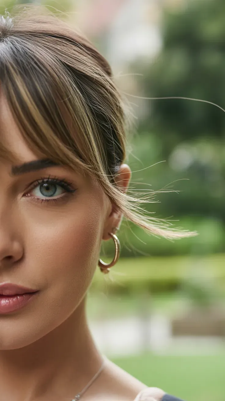 Close-up of woman with wispy side-swept bangs softly framing her forehead