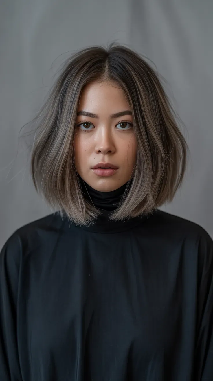 Woman with a shoulder-length wolf cut bob featuring choppy textured ends