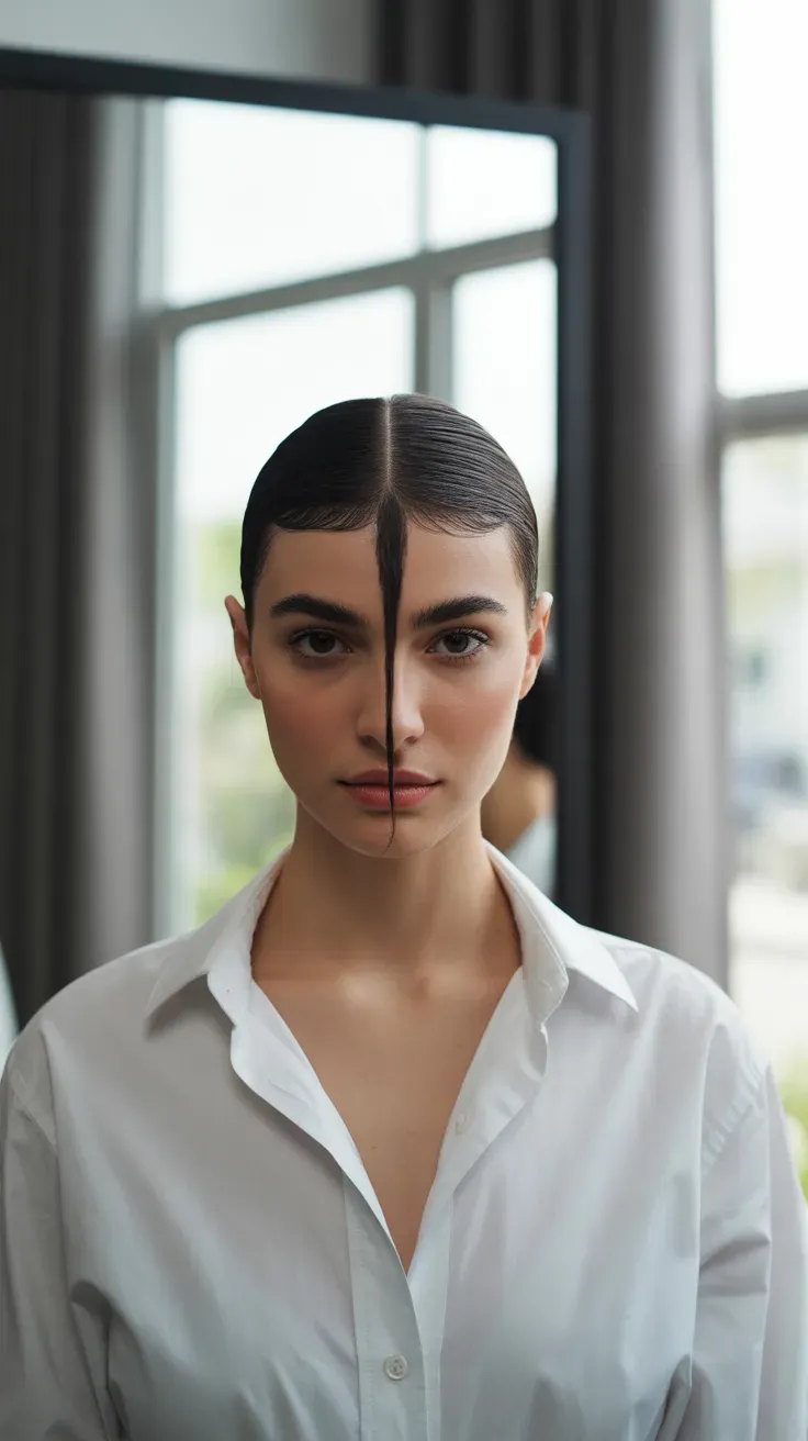 Woman with a wolf cut styled with a symmetrical center part