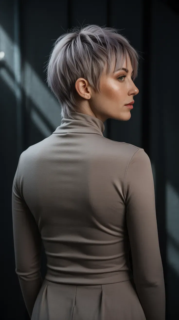 Woman with a wolf cut featuring dramatic choppy V-shaped layers at the back