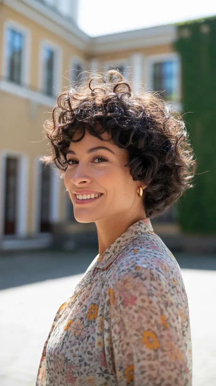 Woman with a wolf cut showing natural curly texture and defined layers