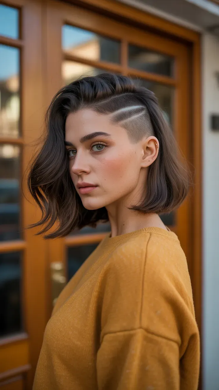 Woman with a wolf cut and a deep side part adding extra volume on one side