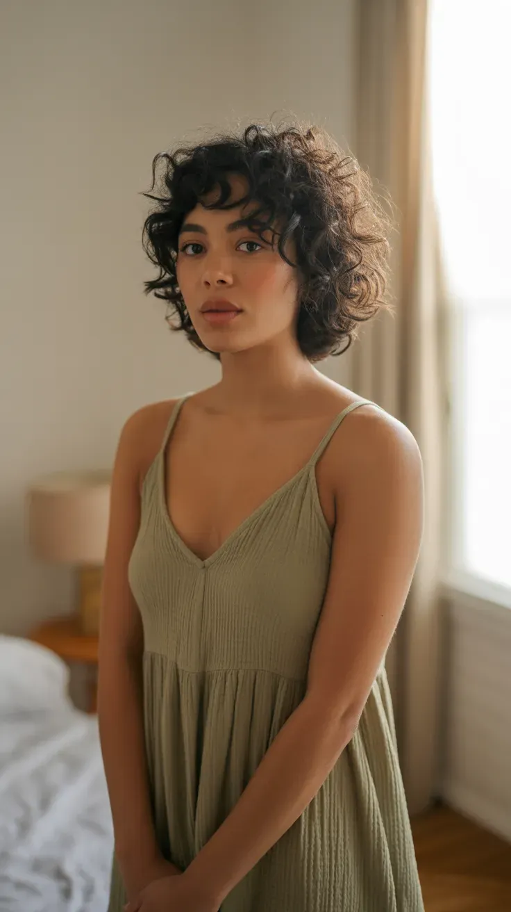 Woman with a wolf cut styled using a diffuser for soft natural curl definition