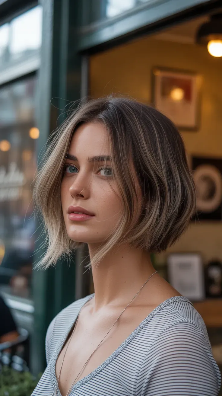 Woman with a long bob wolf cut featuring shaggy layers just past the collarbone