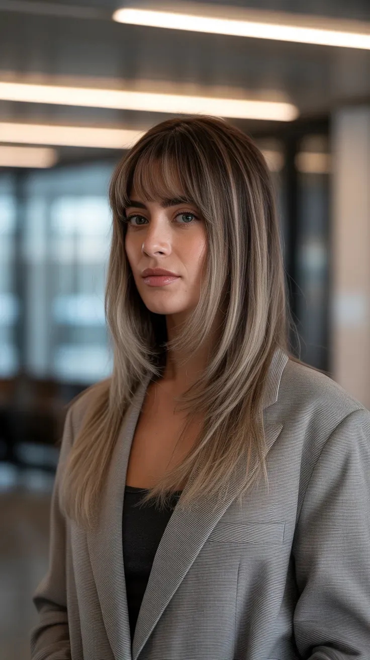 Woman with a bangless long-layered wolf cut past the shoulders
