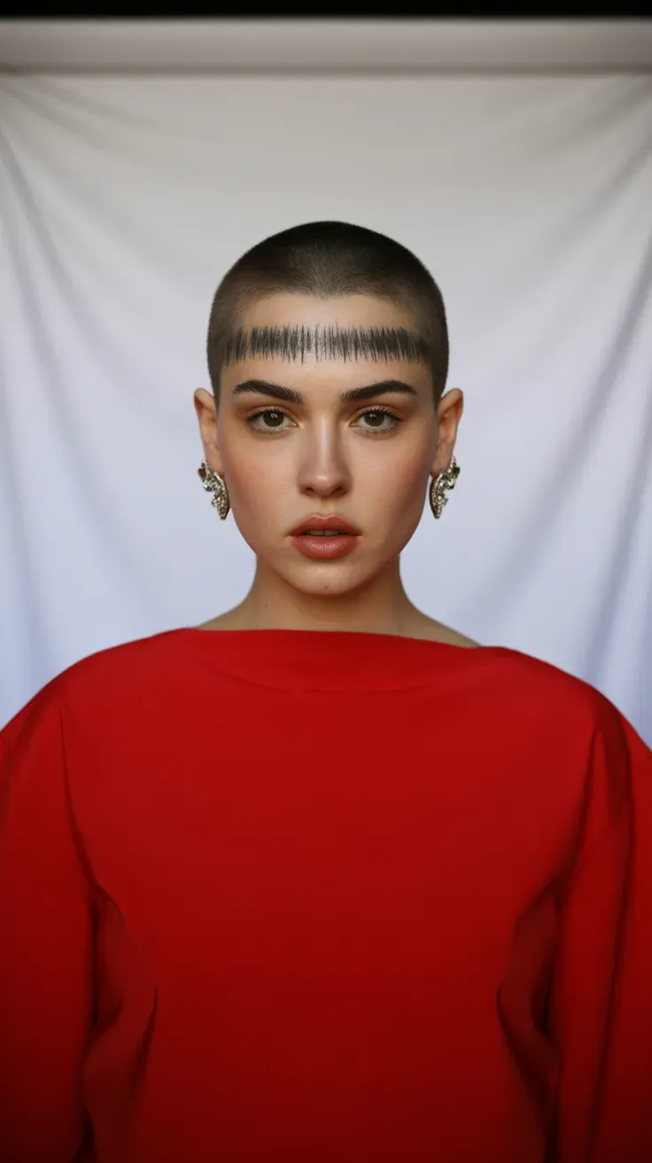 Woman with a wolf cut and short micro bangs above the eyebrows