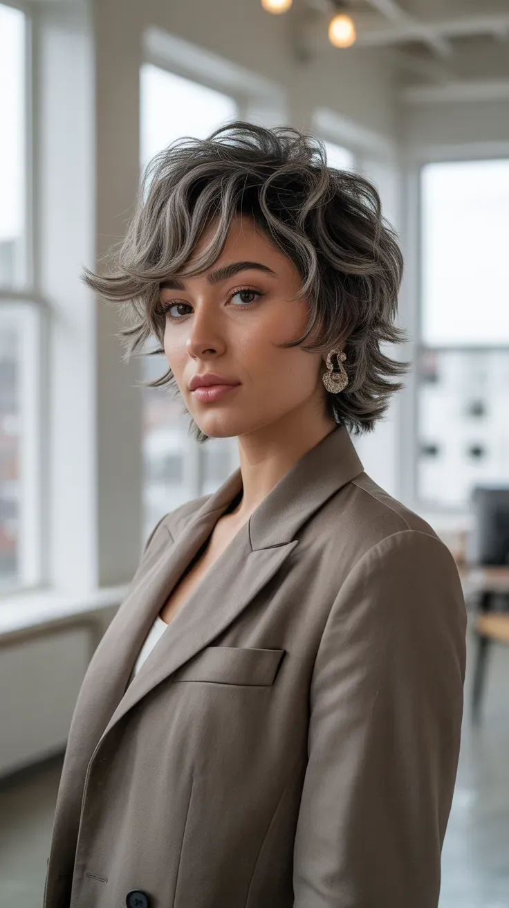 Woman with a modern wolf-shag hybrid haircut featuring layered volume throughout