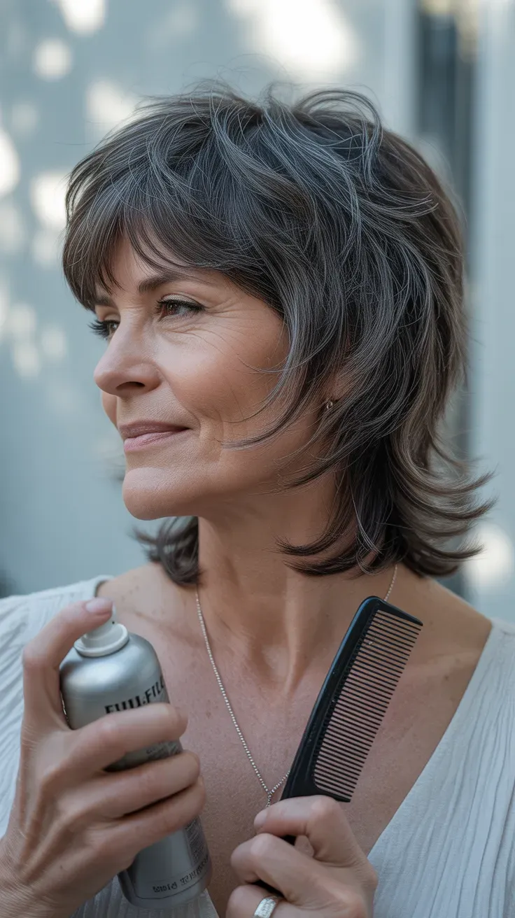 Woman over 50 with a wolf cut shag combining shorter crown layers and longer ends