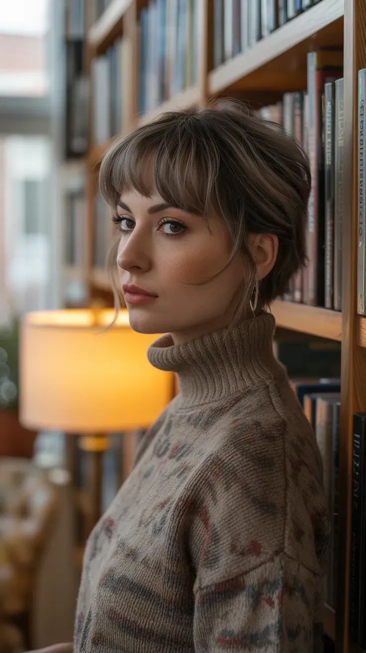 Woman with a wolf cut and soft side-swept bangs framing the forehead
