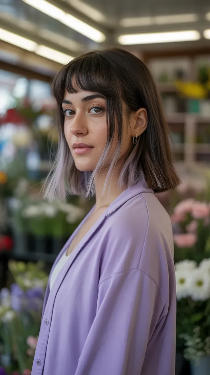 Woman with a wolf cut and soft parted curtain fringe framing both sides of the face