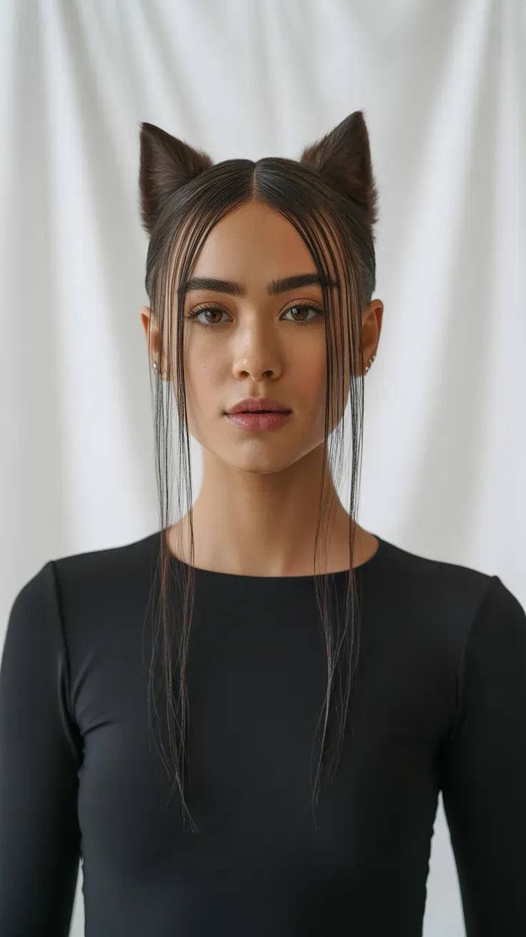 Woman with a wolf cut styled pin-straight with a sleek glossy finish