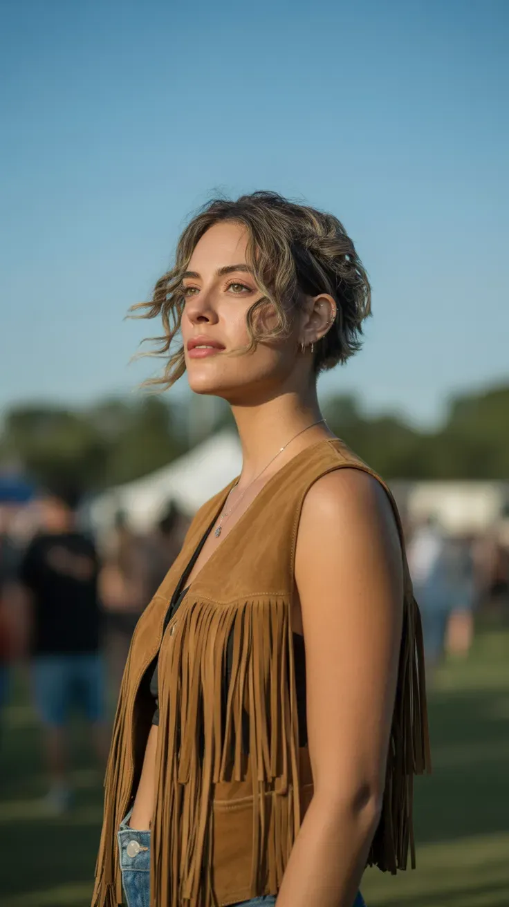 Woman with a wolf cut styled with loose tousled waves throughout
