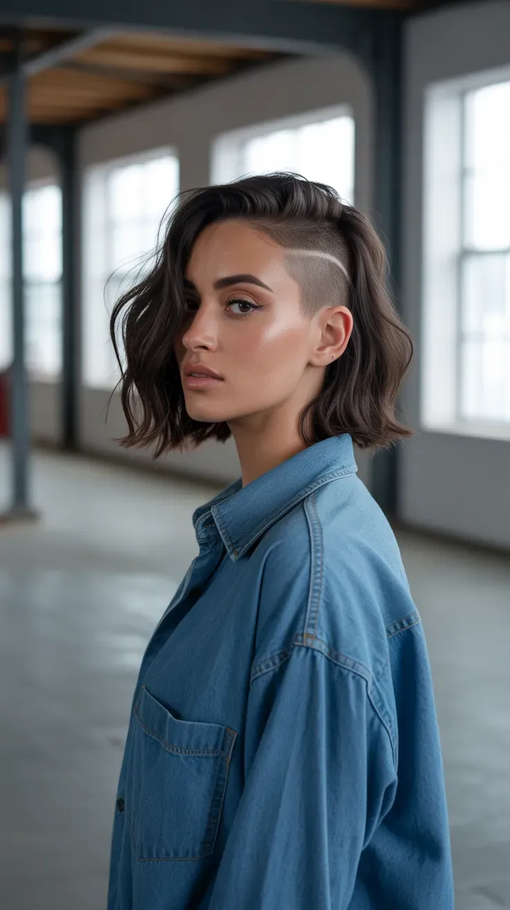Woman with a wolf cut featuring a subtle undercut beneath the top layers