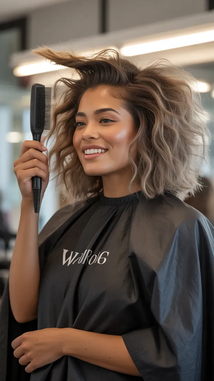 Woman with a wolf cut styled into a full voluminous blowout