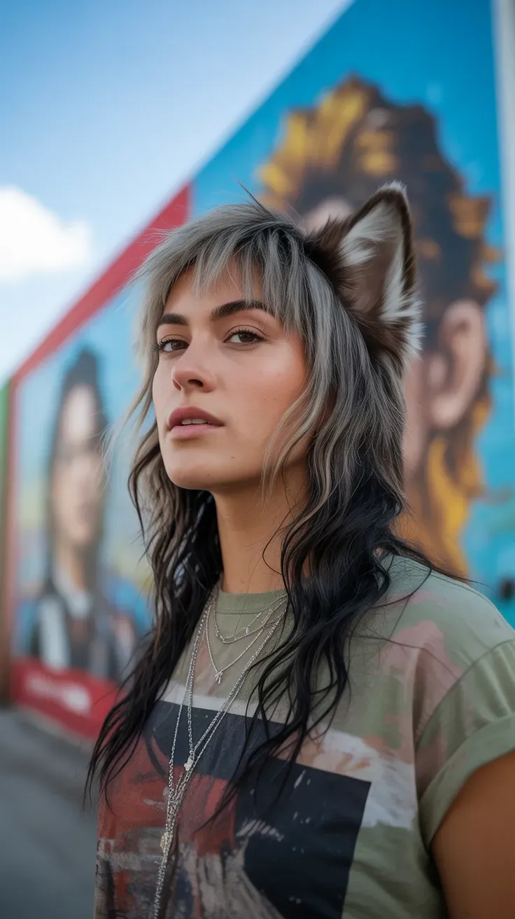 Woman with a wolf-mullet hybrid haircut featuring short choppy top and longer back layers