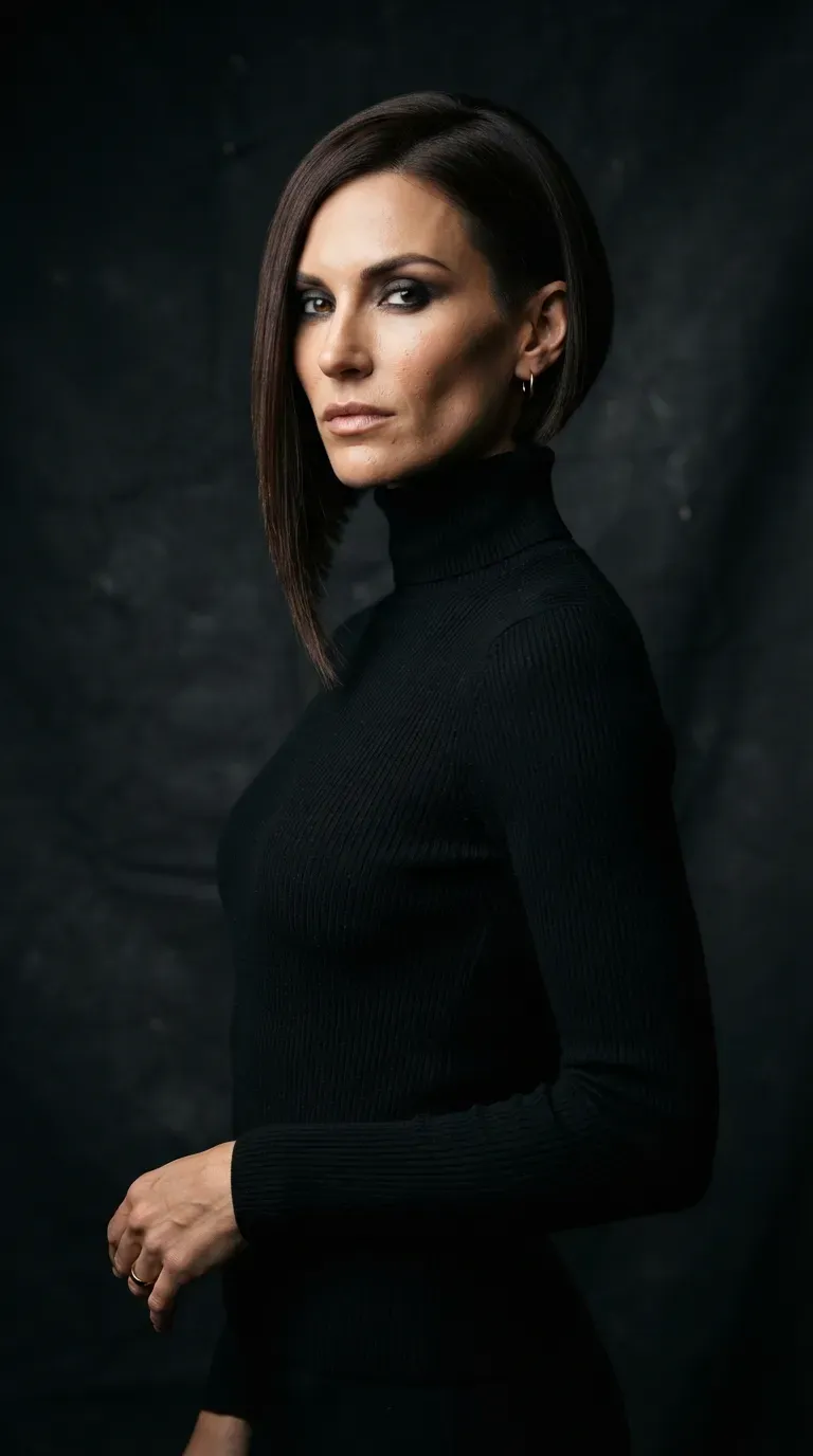 Woman with an angled bob featuring an especially pronounced asymmetric length