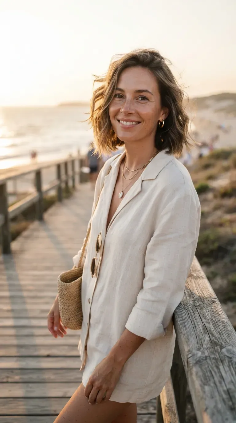 Woman with an angled bob styled with soft beachy waves
