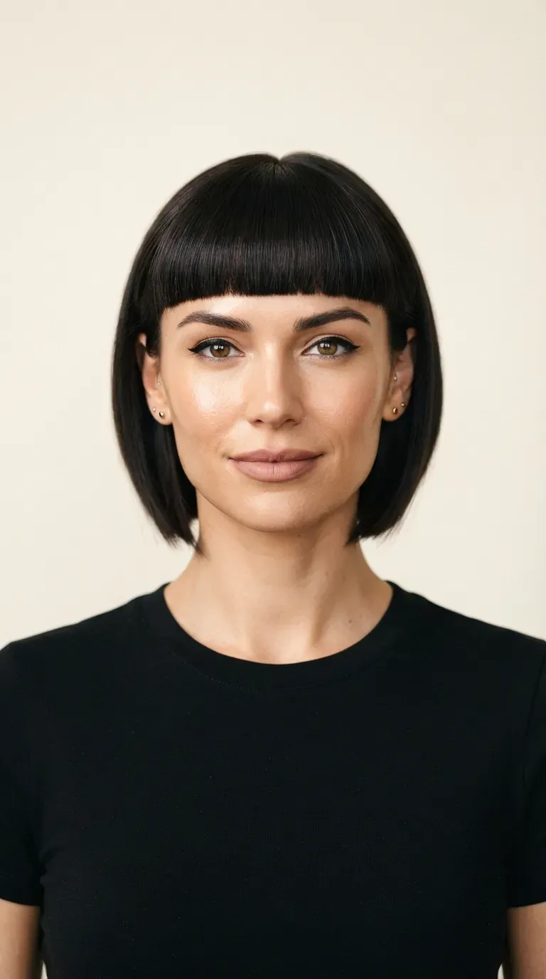 Woman with an angled bob paired with a bold blunt eyebrow-skimming fringe