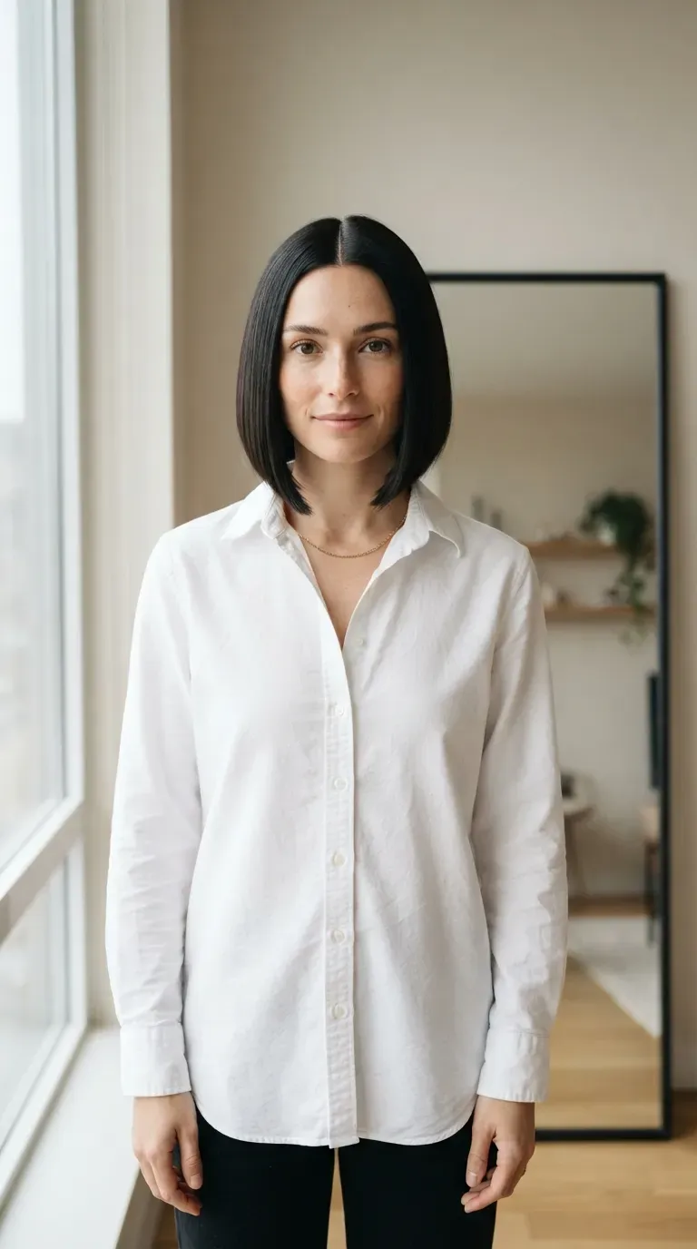 Woman with an angled bob styled with a symmetrical center part