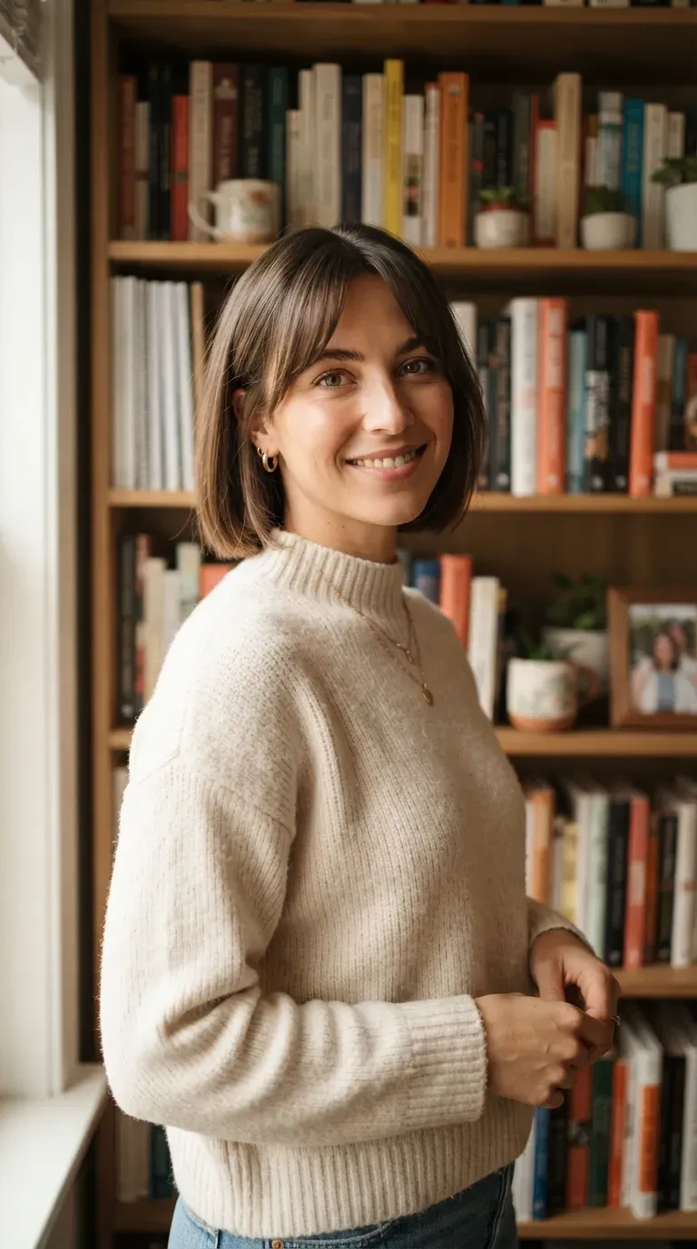 Woman with an angled bob and soft curtain bangs parted at the center