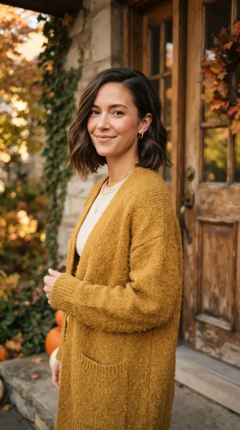 Woman with an angled bob styled with a dramatic deep side part