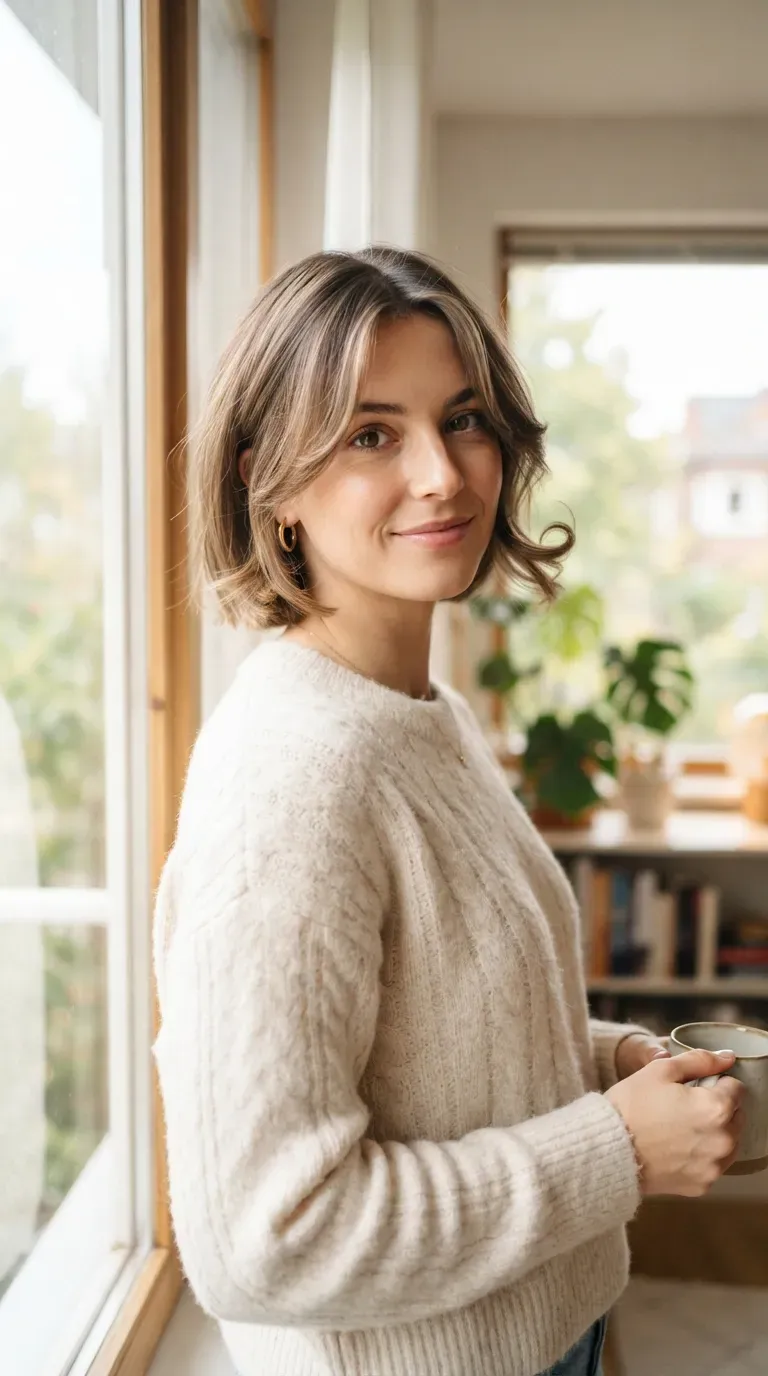 Woman with an angled bob featuring soft face-framing layers