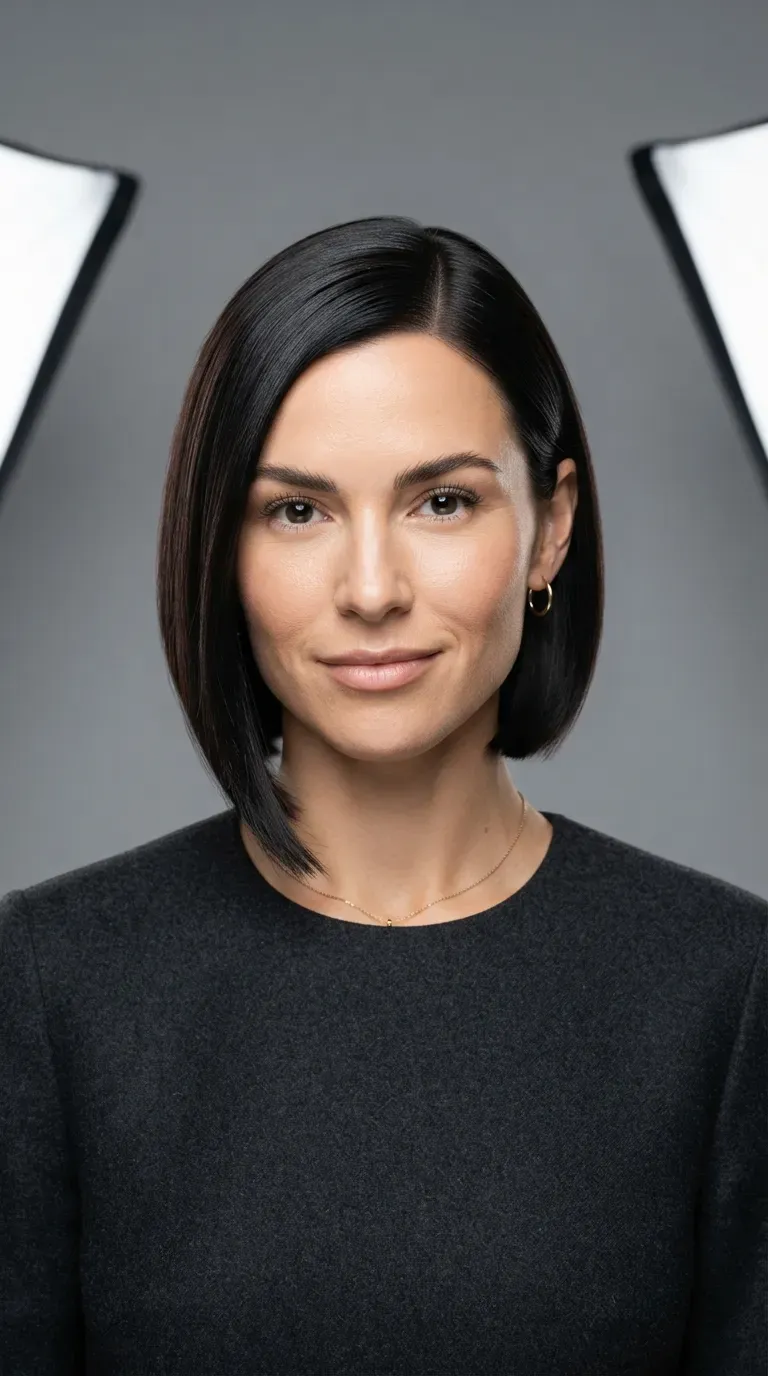 Woman with an angled bob styled with a smooth glossy finish