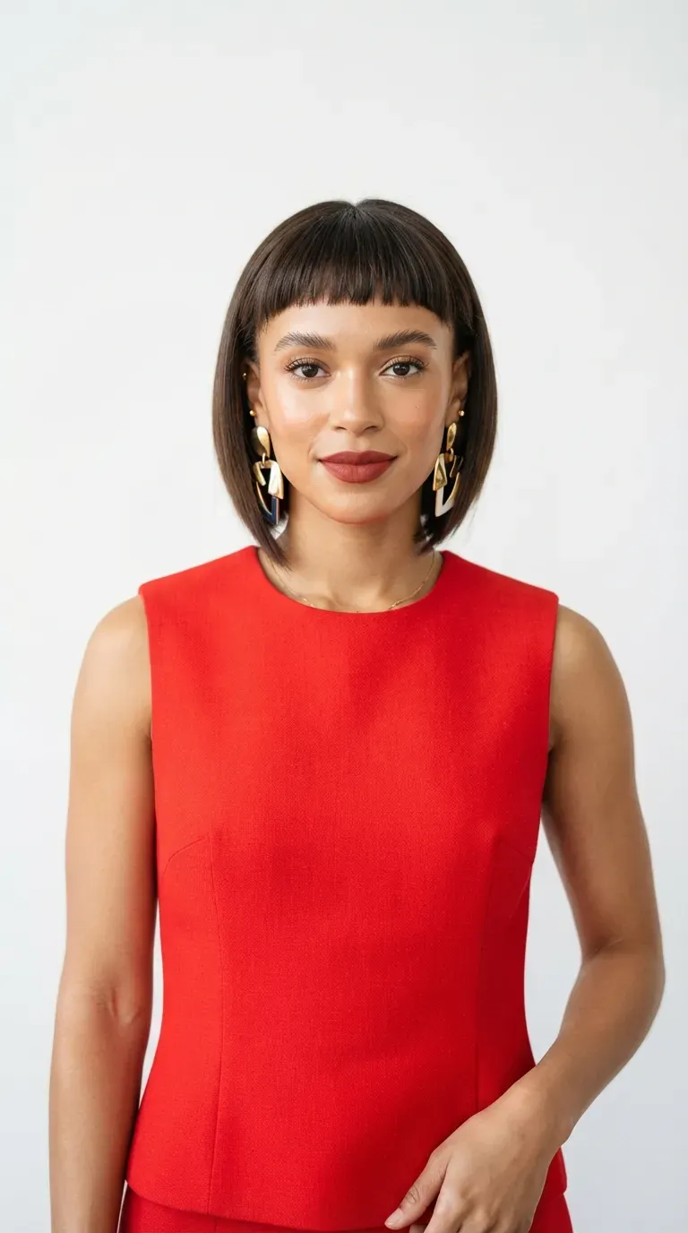 Woman with an angled bob and short micro bangs above the eyebrows