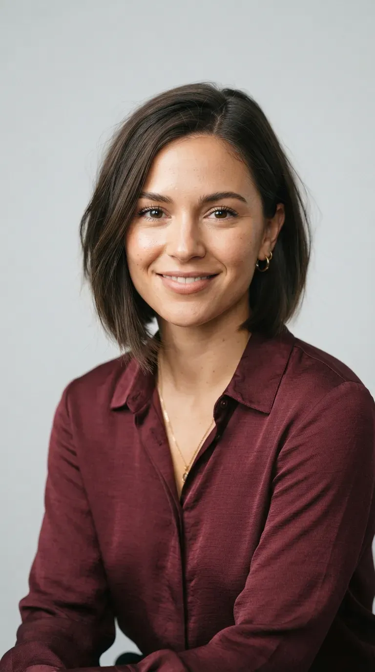 Woman with an angled bob styled with a soft side part