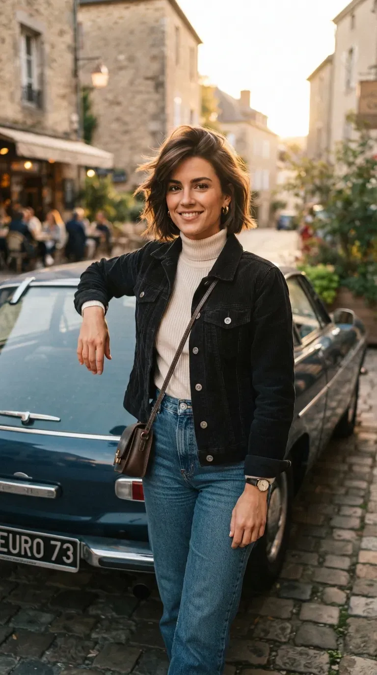 Woman with an angled bob featuring heavily textured layers concentrated at the crown