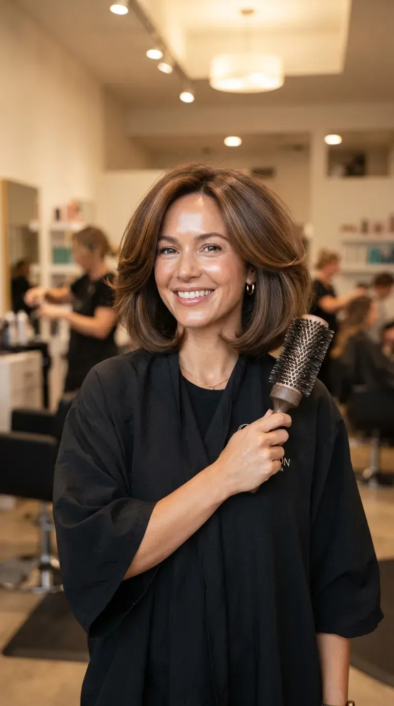 Woman with an angled bob styled into a full voluminous blowout