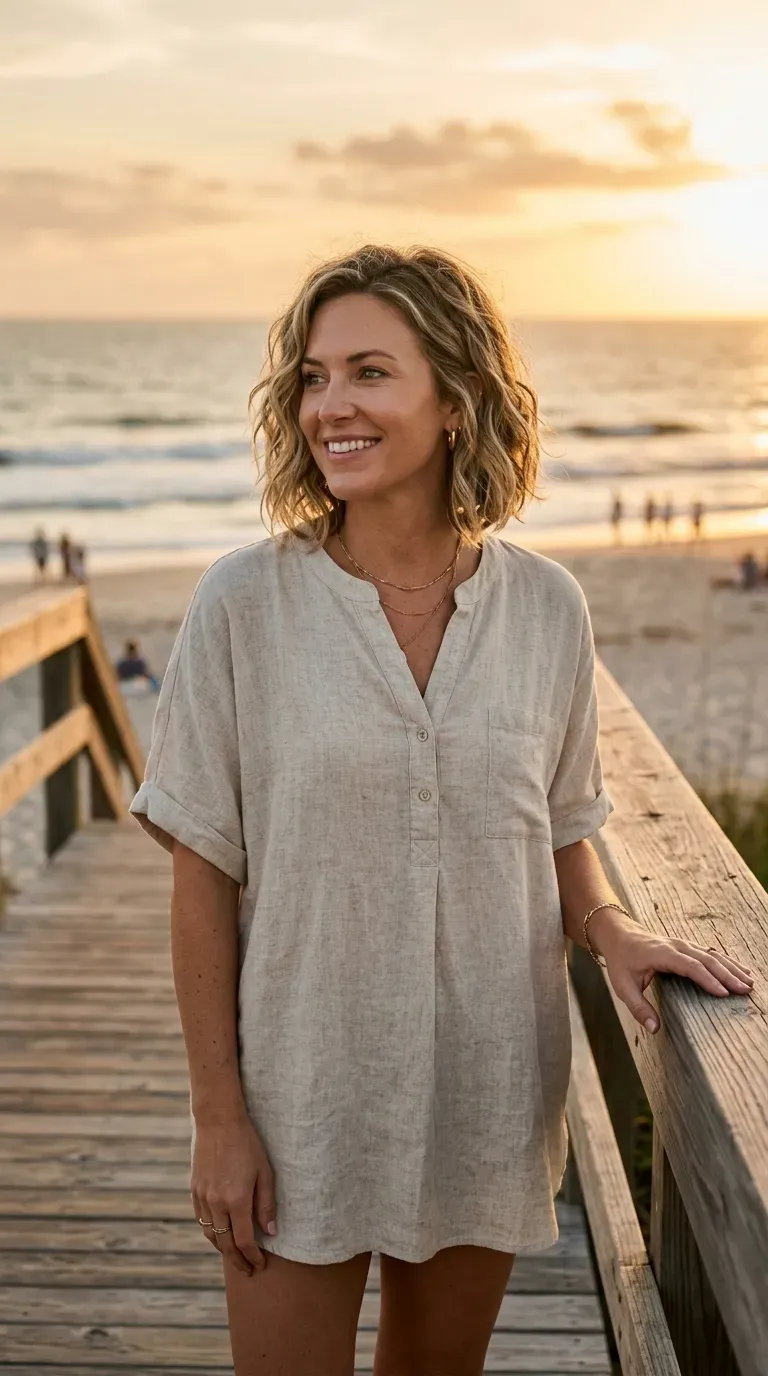 Woman with a layered bob styled with soft beachy waves