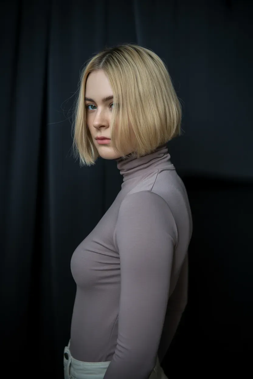 Woman with a blonde choppy bob featuring subtly asymmetric length between the two sides
