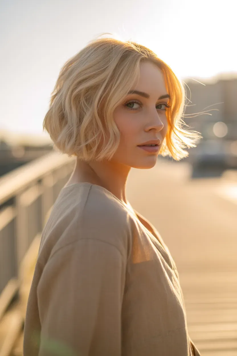 Woman with a blonde choppy bob styled with soft beachy waves