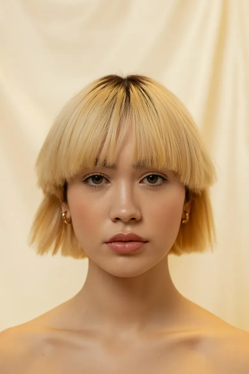 Woman with a blonde choppy bob paired with a bold blunt eyebrow-skimming fringe