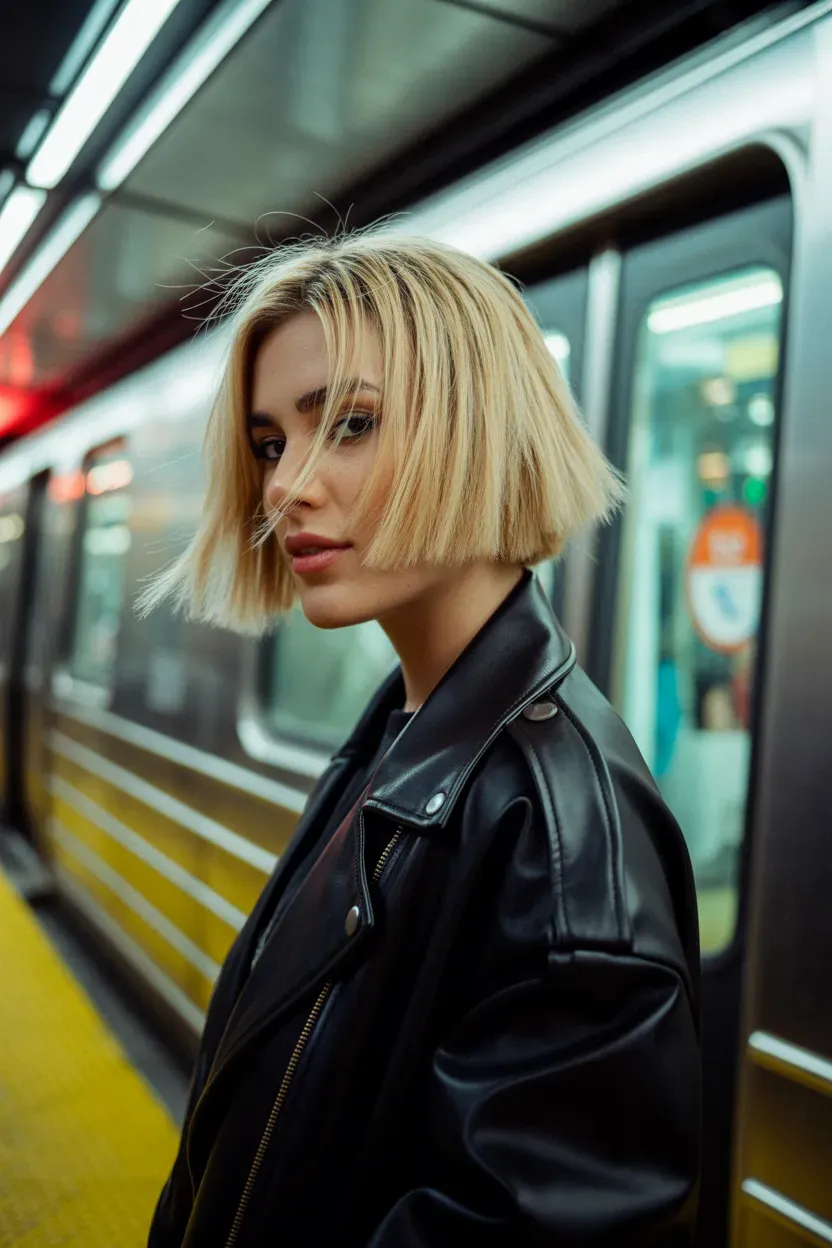 Woman with a blonde choppy bob styled with a symmetrical center part