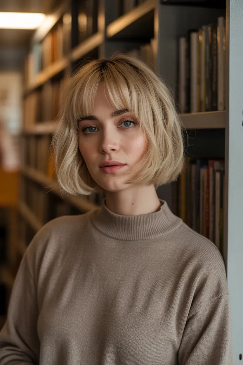 Woman with a blonde choppy bob and soft curtain bangs parted at the center