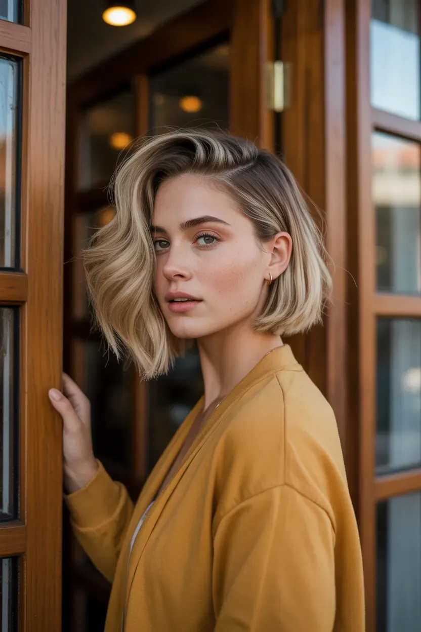 Woman with a blonde choppy bob styled with a dramatic deep side part