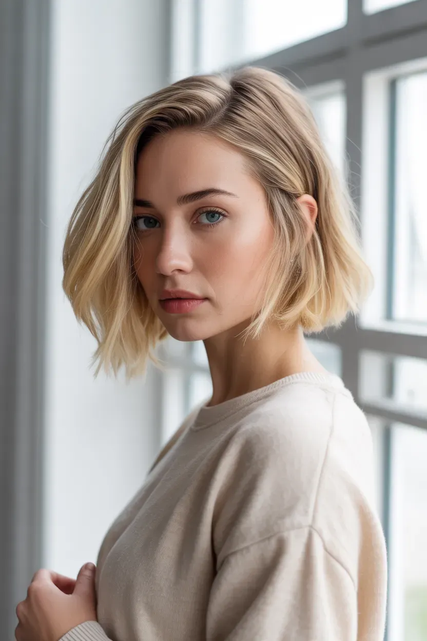 Woman with a blonde choppy bob featuring soft face-framing layers