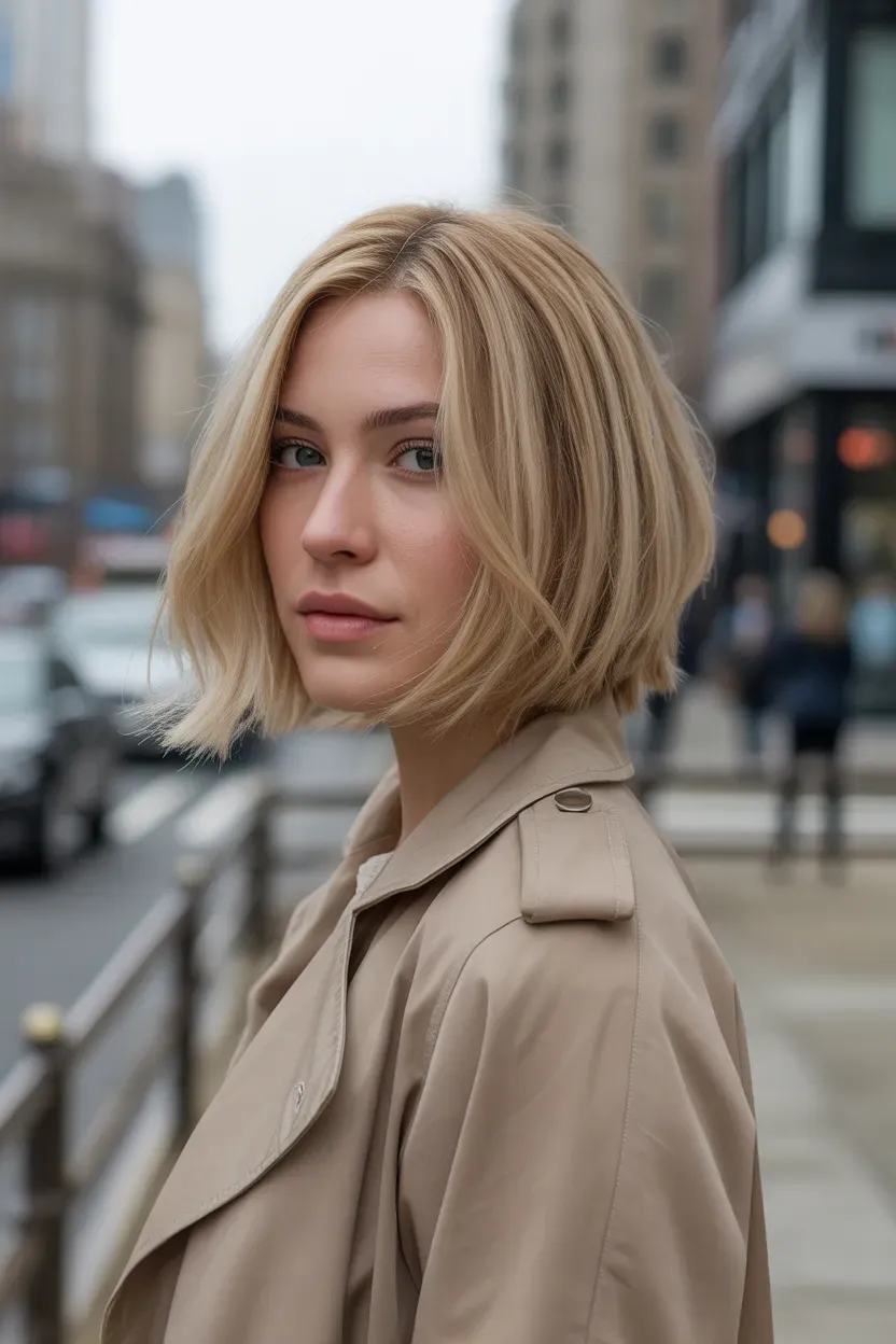 Woman with a blonde choppy bob featuring soft feathered layers throughout